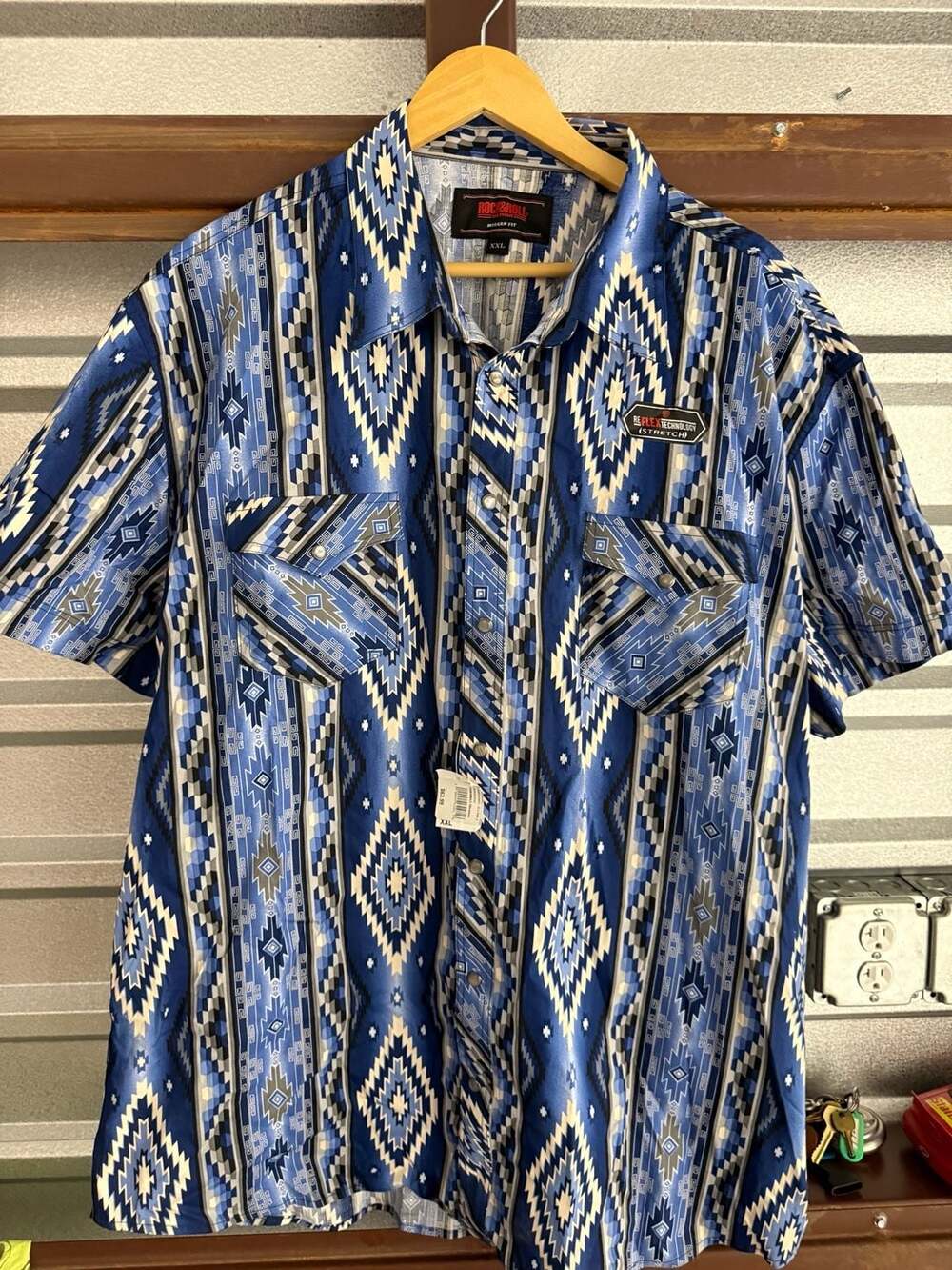 Rock & Roll Denim Modern Fit Blue Aztec Snap Shirt XXL